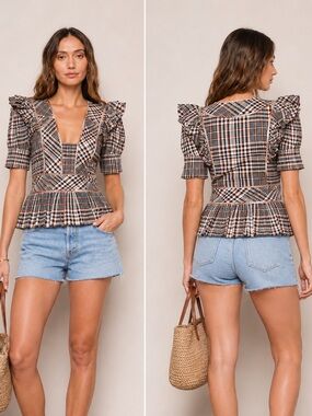 dRA Zoe Black, White & Orange Plaid Peplum Blouse